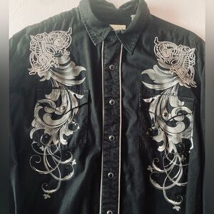 Roper SZ L  Black Cowboy Shirt with White-Silver Embroidery 100 Percent Cotton